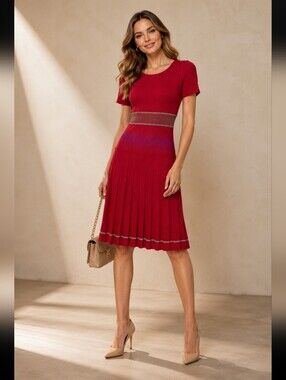 St. John Short-Sleeve Pleated Midi Dress with Stripe Accents